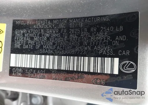 2018 Lexus Es 350 350 из США, поврежденный, VIN 58ABK1GG3JU097723